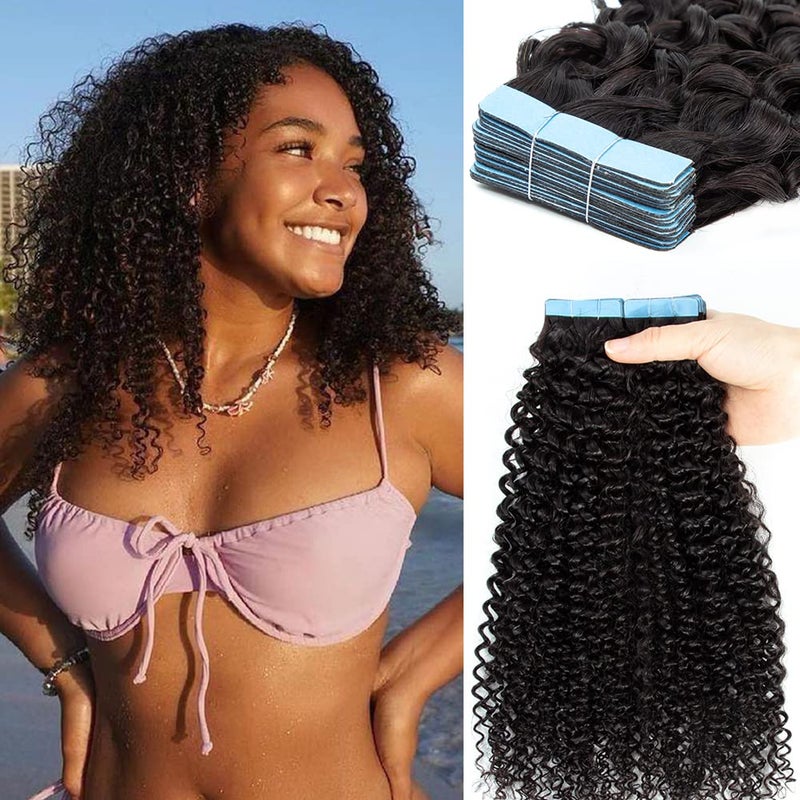 Urbeauty 40 Pcs Kinky Curly Tape in Hair Extensions Human Hair Black Semi Permanent Invisible Tape Attached