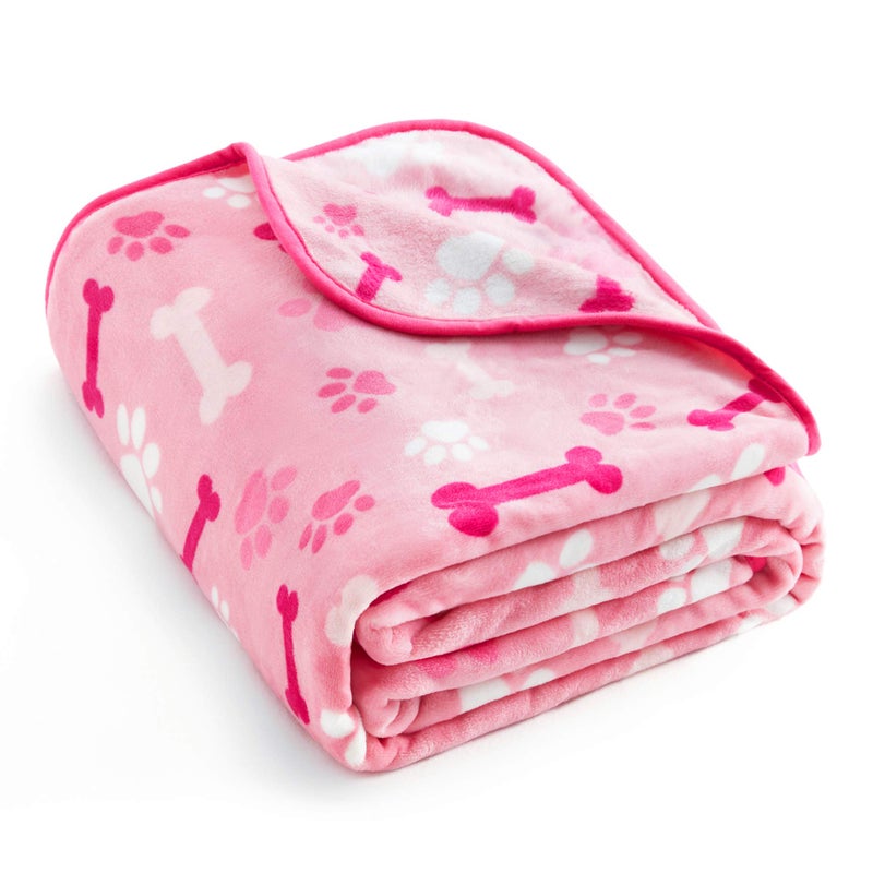 Allisandro Luxurious Dog Blanket 350 GSM Super Fuzzy Microplush Fleece Pet Blankets for Small Medium Large Dogs and Cats Pink Paw and Bone 40 x 32