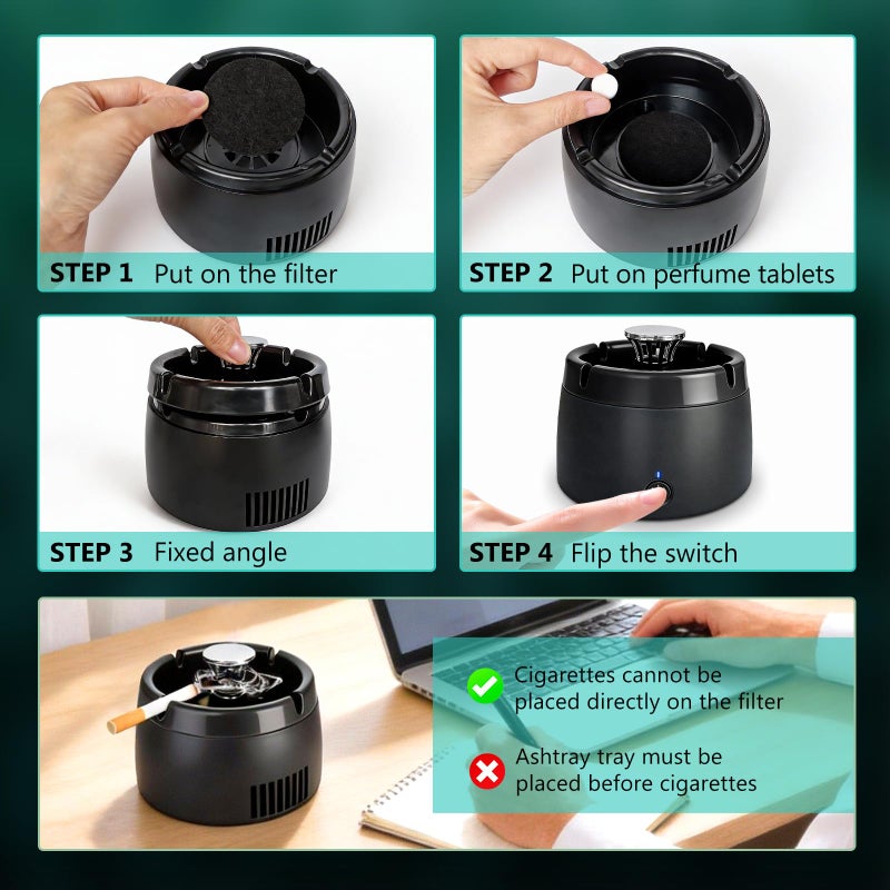 Smokeless Ashtray 2 in 1 Air Purifier Ashtray Smoke Removing Ash Tray Portable Smokeless Ashtrays USB Rechargeable Electric Ashtrays Indoor for Car Home and Office (Black1) - Image 5
