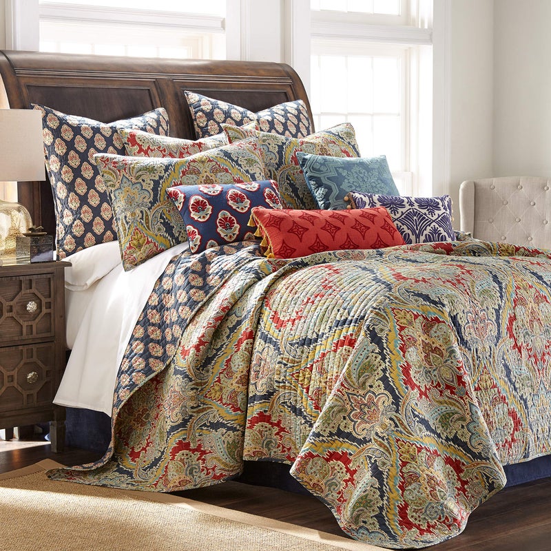 Levtex Home Levtex Home - Moreno - Euro Sham Set of Two - (26x26in.)  No insert -Damask Pattern - Blue  Red and Gold  - Image 3