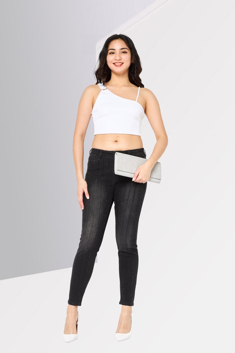 DESIGUAL Women Skinny Fit Metallic Non Stretchable Jeans, Black - Image 2