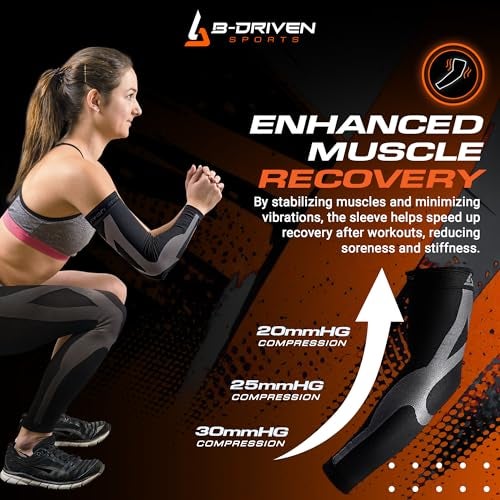 B-Driven Sports Compression Arm Sleeve for Men & Women - Medical Grade 20-30mmHg, Bicep, Forearm, Elbow Support, Lymphedema, Baseball, Basketball, Tennis, Work, Weightlifting - Blue Large 1pc - Image 4