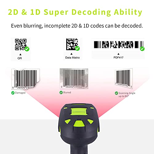 Symcode 2D Bluetooth Barcode Scanner with Wireless Charging Stand 1968 Feet Transmission Distance 433Mhz USB QR Automatic Barcode Scanner with Charging Base Shock Dust Proof Hands Free Green - Image 2