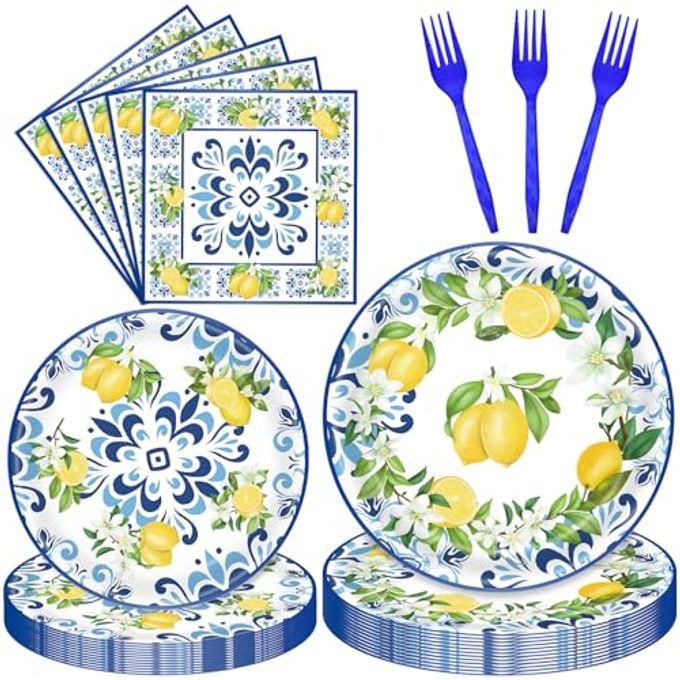 100 Pcs Lemon Tableware Party Supplies  Citrus Theme Blue Tile Disposable Plates, Napkins, and Blue Forks for Summer Parties, Picnics, BBQ, Brunch, Weddings, Birthdays, and Baby Showers  Serves 25