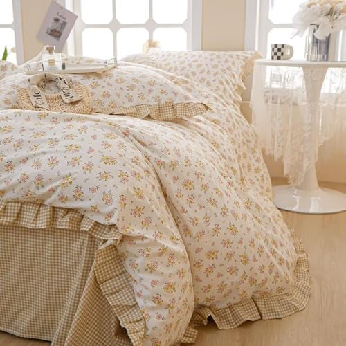 MKXI Queen Size Pink & Yellow Floral Ruffled Comforter Set - 3 Piece Cottagecore Style Reversible Bed Set with Beige Plaid Pattern, Soft Aesthetic Bedding Set for Girls Wome - Image 3