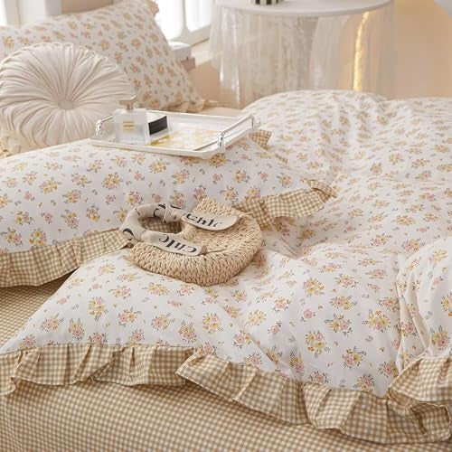 MKXI Queen Size Pink & Yellow Floral Ruffled Comforter Set - 3 Piece Cottagecore Style Reversible Bed Set with Beige Plaid Pattern, Soft Aesthetic Bedding Set for Girls Wome - Image 5