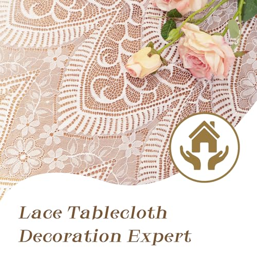 FWFFWF White Lace Tablecloth - 60x120 Inch Vintage Embroidered Rectangular Overlay for Weddings, Rustic Fall Tea Parties, and Home Decor (White) - Image 3
