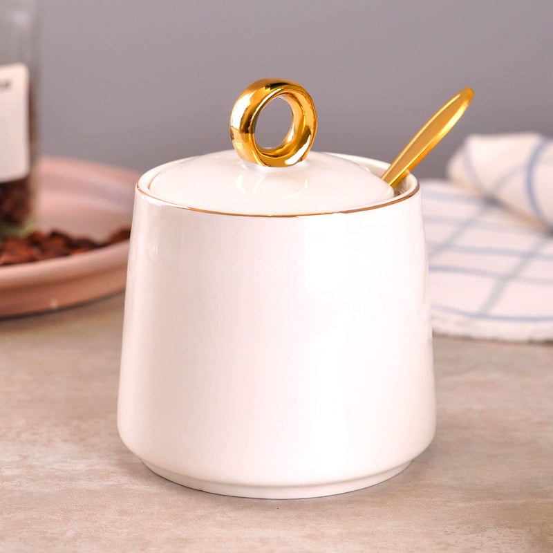 WHJY Ceramic Sugar Bowl with Lid and Spoon, Simple White Clear Porcelain Salt Bowl Salt Container, Modern Spice Box Seasoning Jar for Home and Kitchen Coffee Bar - Green - Image 4