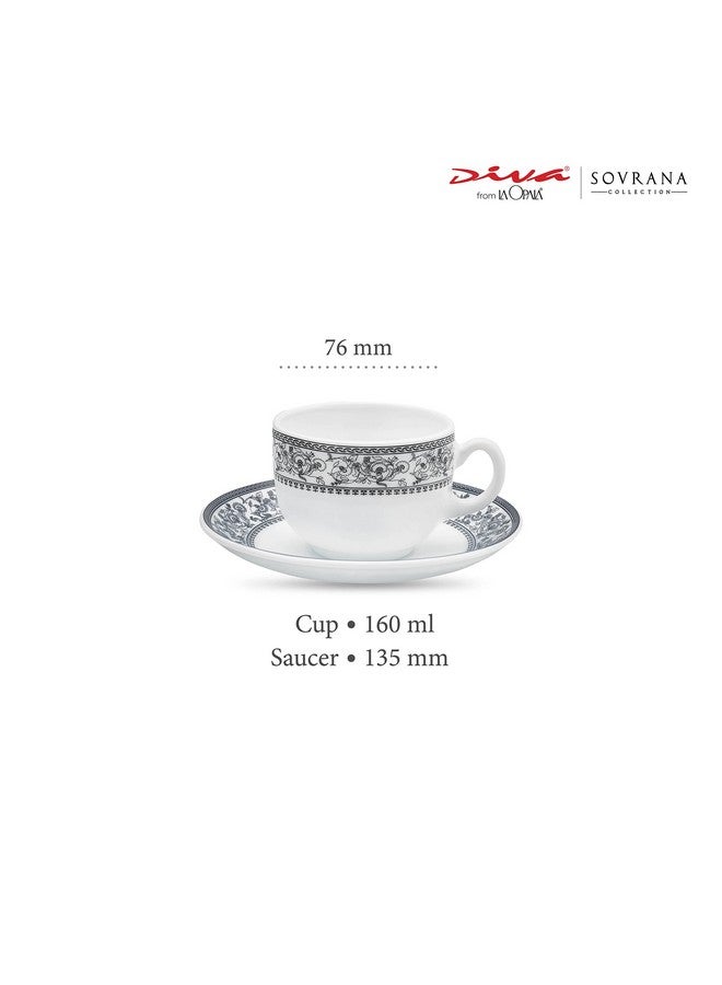 LaOpala Diva, Sovrana Collection, Opal Glass Cup & Saucer Set 12 pcs, Persian Grey, White - Image 2