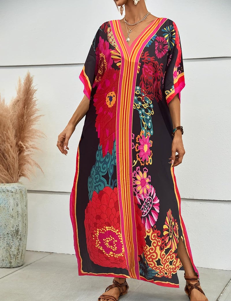 Bsubseach Women Plus Size Kaftan Dress Swimsuit Cover Up Caftan Maxi Beach Dresses Cover Ups Flower Print - Image 2