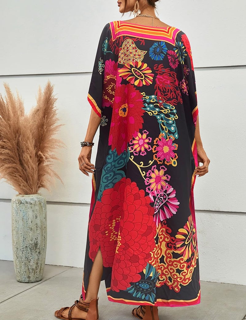 Bsubseach Women Plus Size Kaftan Dress Swimsuit Cover Up Caftan Maxi Beach Dresses Cover Ups Flower Print - Image 3