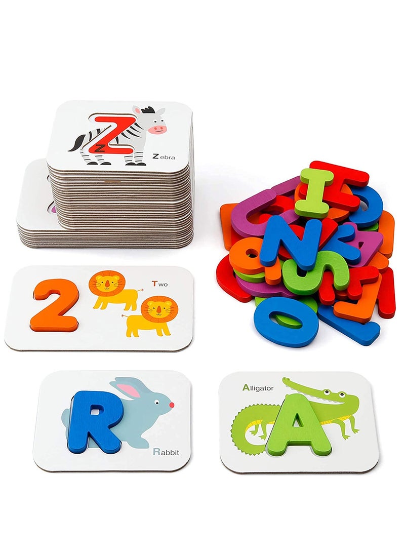 SYOSI Early Childhood Education Toys, Numbers and Alphabets Flash Cards Set   ABC Wooden Letters and Numbers Animal Card Board Matching Puzzle for Kids Age 3 4 5 Preschool and Up Years  - Image 1