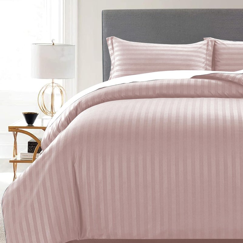 MOONLIGHT20015 Single Duvet Cover Set Hotel Quality Stripes Satin Bedding Sets with Pillowcase, Reversible Hypoallergenic Soft Breathable Bed Covers (Peach, Single) - Image 5