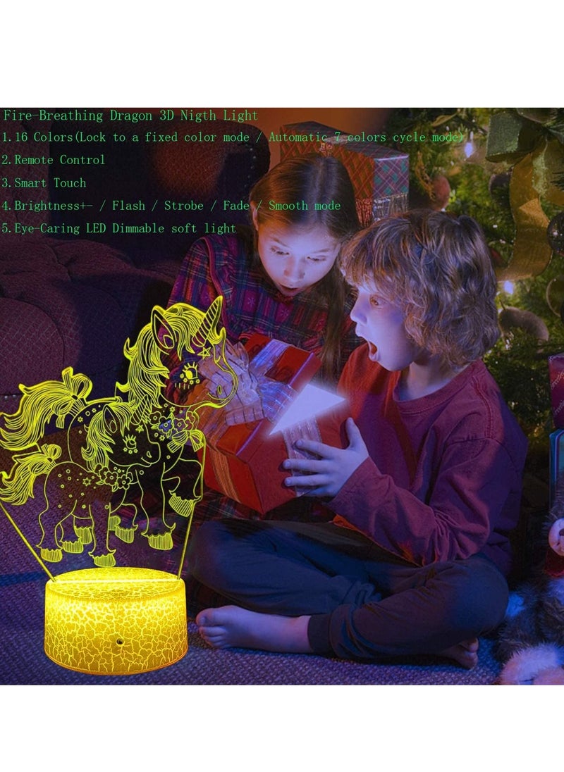 althiqahkey 3D Unicorn Multicolor Night Light for Girls  Unicorn Toys Night lamp 16 Colors Bedside Lamp Touch&Remote Control Birthday Gifts for 2 3 4 5 6 7/16 8 Year Old Girl and Unicorn Fans  - Image 3