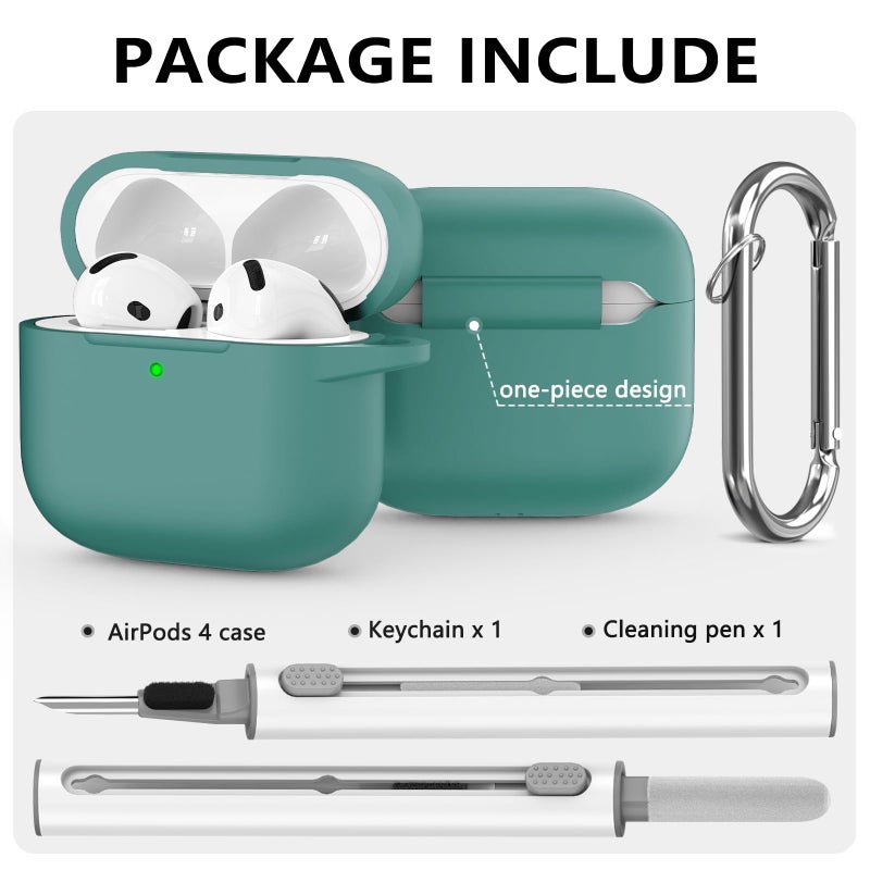 Ljusmicker for AirPods 4 Case 2024 with Cleaner Kit,Soft Silicone Protective Cover for Apple AirPods 4th Generation Cases for Women Men,for AirPod 4 Case Accessories with Keychain-Pine Green - Image 3