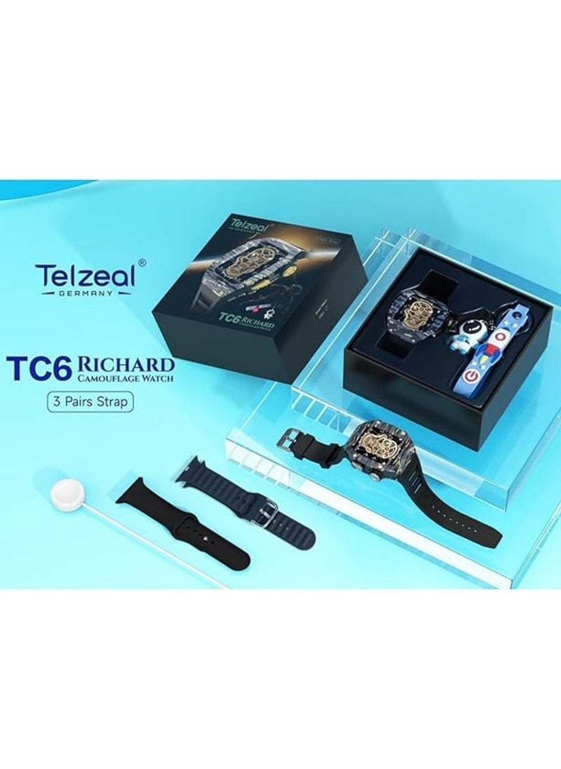 Telzeal TC6 Richard Camouflage Smart Watch for Men and Boys – Stylish and Durable Timepiece with 3 Interchangeable Straps, Built-in Protective Case, and Wireless Charger – All-in-One Wearable for Everyday Use, Outdoor Activities, and Casual Fashion in Black - Image 2