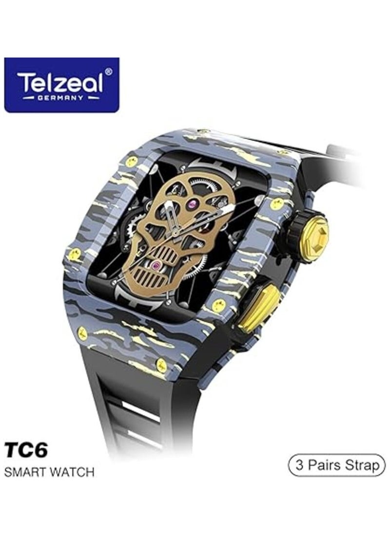 Telzeal TC6 Richard Camouflage Smart Watch for Men and Boys – Stylish and Durable Timepiece with 3 Interchangeable Straps, Built-in Protective Case, and Wireless Charger – All-in-One Wearable for Everyday Use, Outdoor Activities, and Casual Fashion in Black - Image 1
