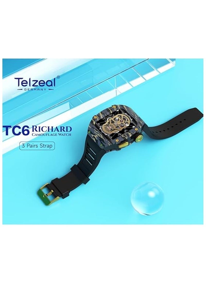 Telzeal TC6 Richard Camouflage Smart Watch for Men and Boys – Stylish and Durable Timepiece with 3 Interchangeable Straps, Built-in Protective Case, and Wireless Charger – All-in-One Wearable for Everyday Use, Outdoor Activities, and Casual Fashion in Black - Image 3