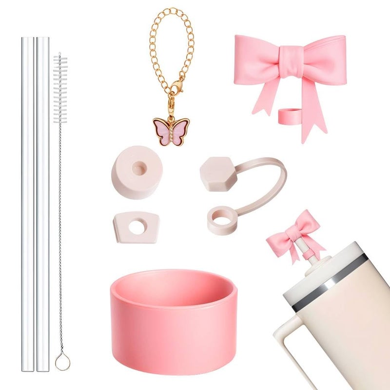 HASTHIP ® لملحقات كأس ستانلي من 9 قطع، سحر، قبعة قش، قش، فرشاة تنظيف، سحر مقبض فراشة، غلاف سفلي، مجموعة ديكور كأس ستانلي (الكوب غير مشمول) - Image 1