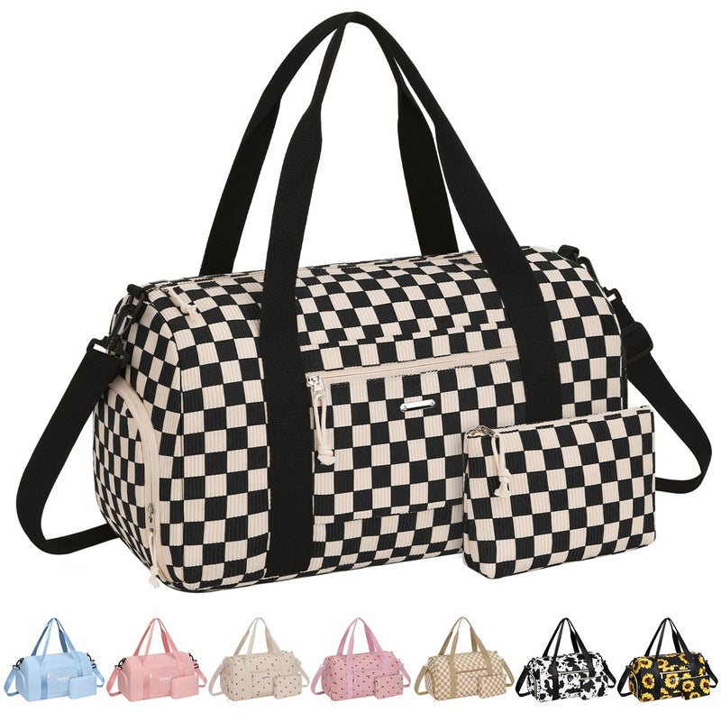 Vankor Corduroy Gym Bag for Women Teen Girls Kids Cute, Small Womens Girl Gym Duffle bag with Shoe Compartment Portable for Sport Dance Workout Travel Corduroy Checkered Black - Image 1