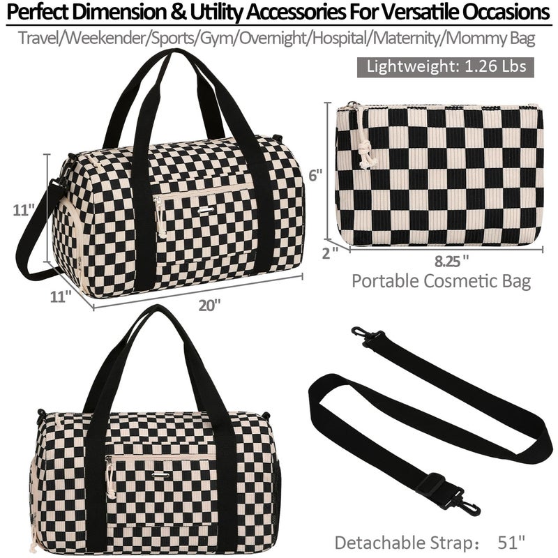 Vankor Corduroy Gym Bag for Women Teen Girls Kids Cute, Small Womens Girl Gym Duffle bag with Shoe Compartment Portable for Sport Dance Workout Travel Corduroy Checkered Black - Image 3