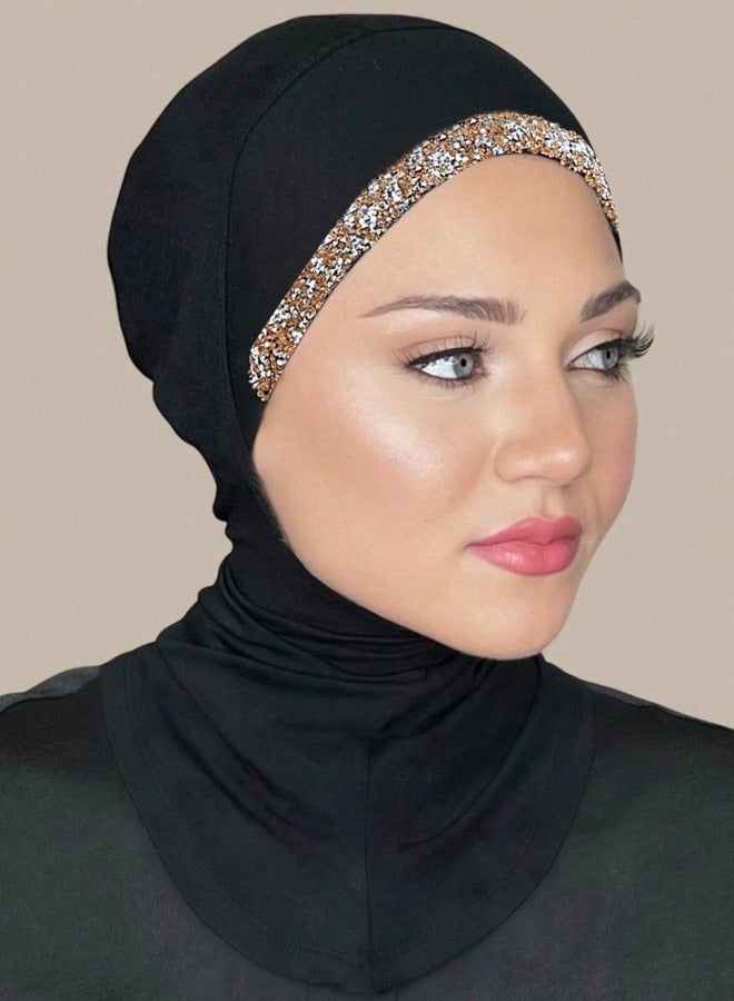Modal Hijab Undersap with Sequin Muslim Stretchy Turban Full Cover Scarf Caps Full Neck Coverage for Women  - Image 1