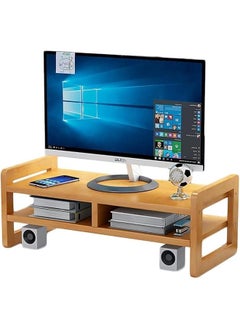 HOOKOR Monitor Stand 2 Tier Computer Monitor Stand Bamboo Desktop Stand with Storage Organizer PC Laptop TV Printer Monitor Stand Adjustable Height for Office and Home Use  - Image 1