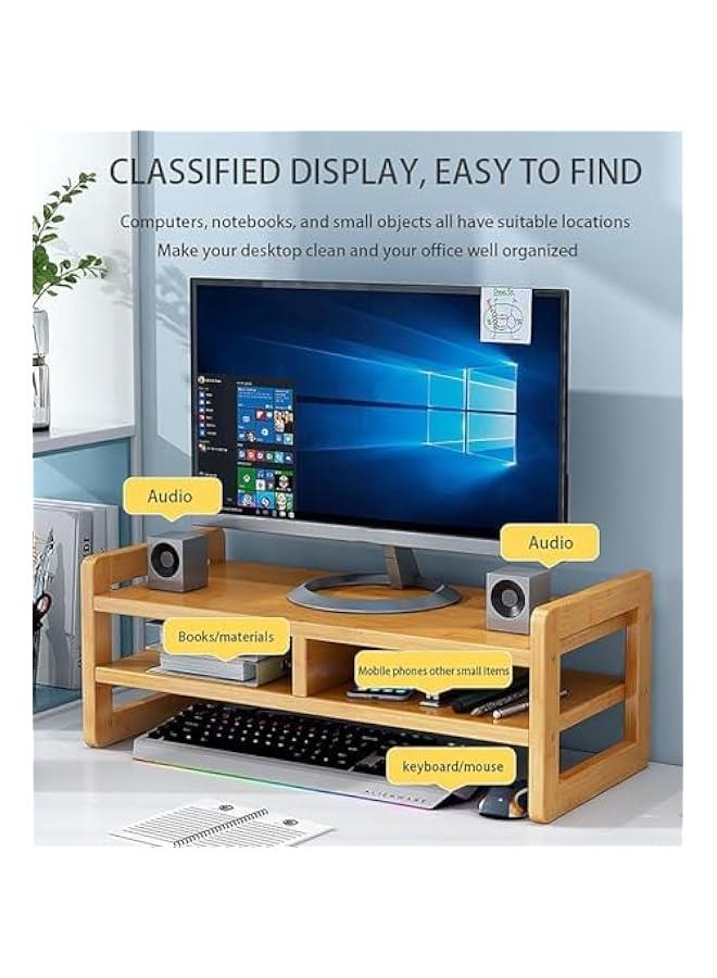 HOOKOR Monitor Stand 2 Tier Computer Monitor Stand Bamboo Desktop Stand with Storage Organizer PC Laptop TV Printer Monitor Stand Adjustable Height for Office and Home Use - Image 3