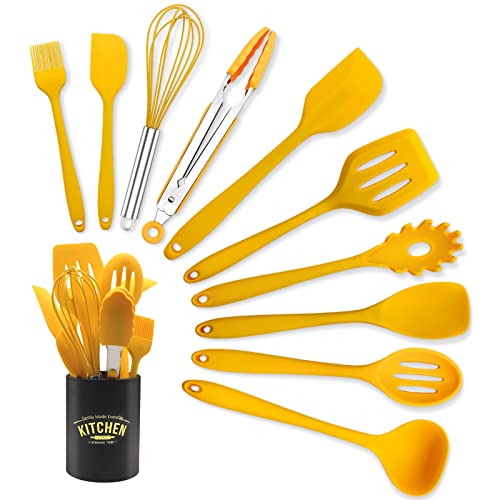 FTNESGYM 11 Piece Cooking Kitchen Utensils Set, Yellow Cooking Utensils Set, Non-Stick Silicone Spatula Set with Iron Utensils Holder, Silicone Kitchen Gadgets Utensil Set (Yellow) - Image 1