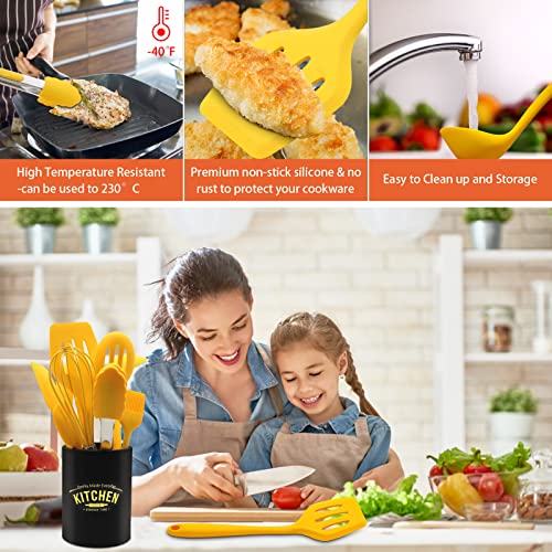 FTNESGYM 11 Piece Cooking Kitchen Utensils Set, Yellow Cooking Utensils Set, Non-Stick Silicone Spatula Set with Iron Utensils Holder, Silicone Kitchen Gadgets Utensil Set (Yellow) - Image 2