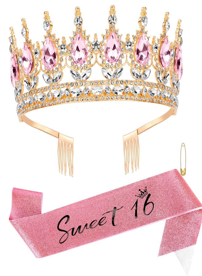 Cubaco 16th Birthday Sash and Crown CUBACO Gold Sweet 16 Tiara for Girls Rhinestone Queen Crown Tiara for Women Crystal Crowns Headband Princess Tiaras Sweet Sixteen Birthday Party Decoration - Image 1
