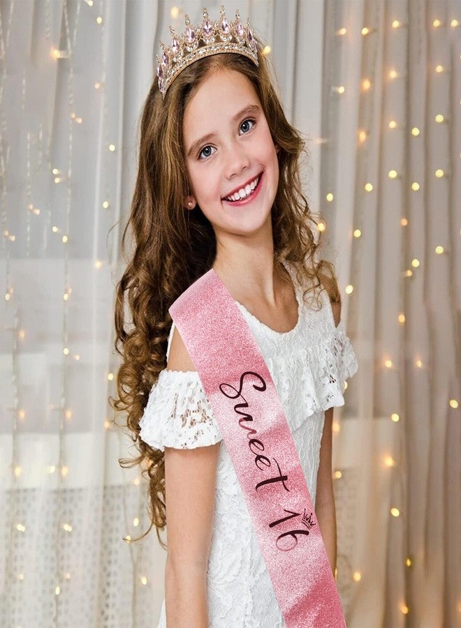 Cubaco 16th Birthday Sash and Crown CUBACO Gold Sweet 16 Tiara for Girls Rhinestone Queen Crown Tiara for Women Crystal Crowns Headband Princess Tiaras Sweet Sixteen Birthday Party Decoration - Image 2
