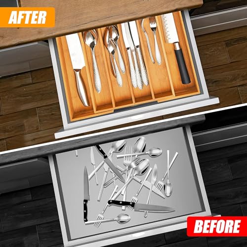Bellsal Kitchen Silverware Drawer Organizer and Storage Flatware Cutlery Utensil Holder Spice Rack Containers Bathroom Counter Cabinet Office Desk Makeup Drawer Tray Kitchen and Dining Tools Decor Accessories - Image 2