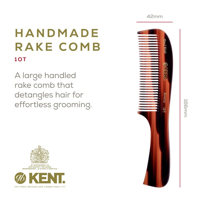 Kent 10T Large Handled Rake Handmade Comb | Rounded Teeth | Suitable for All Hair Types, Wet or Dry | Effortless Detangling | Hand-Sawn Cellulose Acetate Material - Image 2