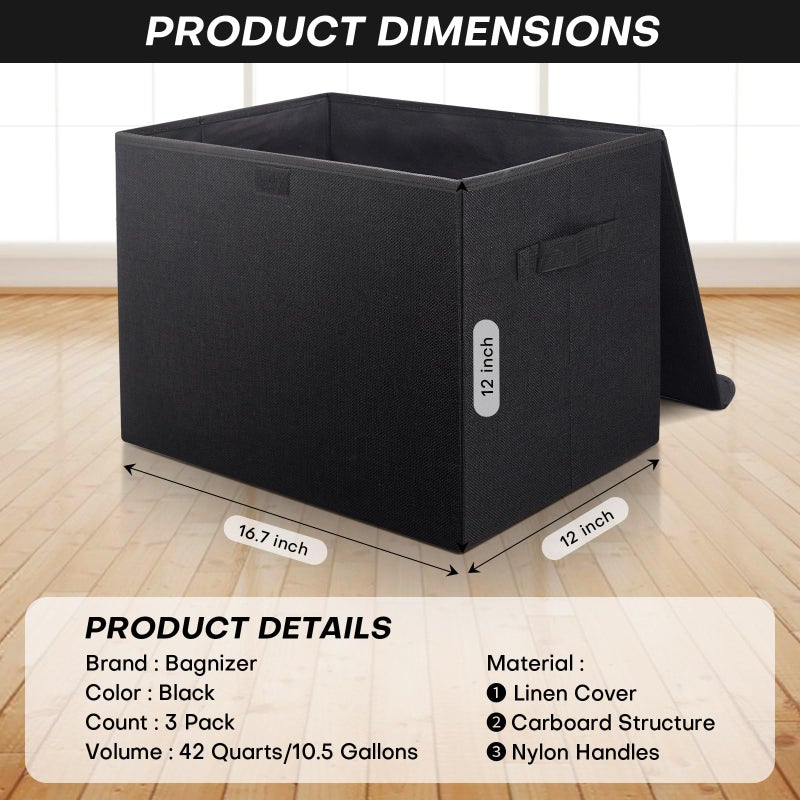 Bagnizer Large 17" 42 Quarts Collapsible Stackable Storage Bins with Lids [3-Pack] Foldable Fabric Linen Storage Boxes Cube, Closet Organizer Baskets with Label (16.7 x 12 x 12, Black) - Image 2