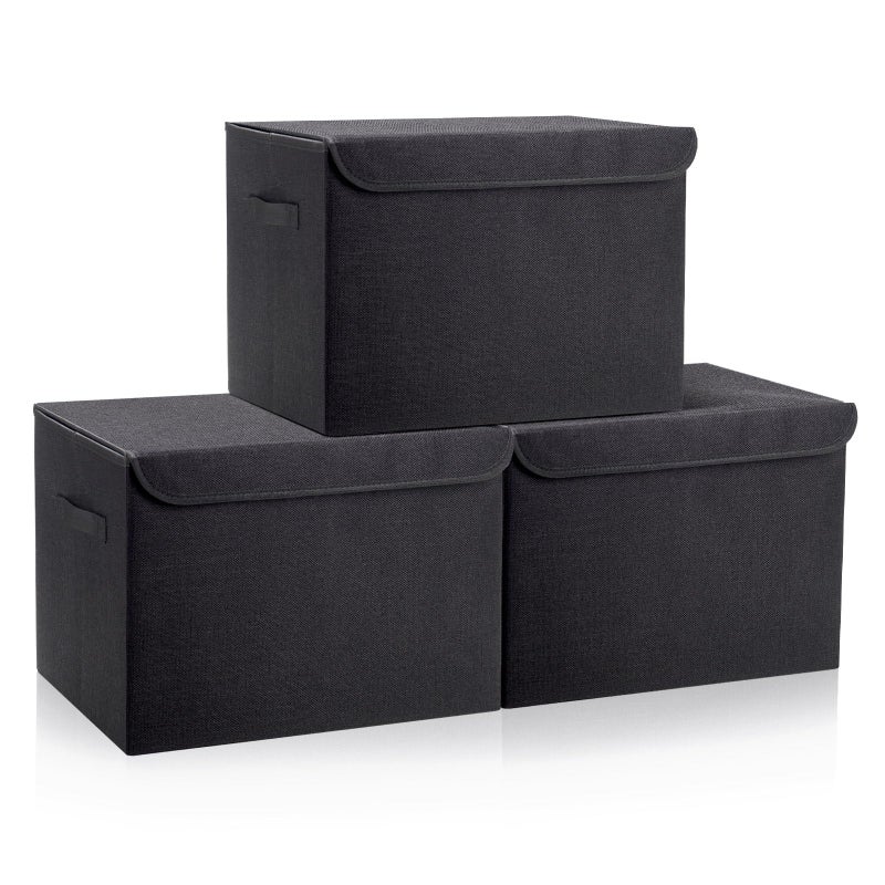 Bagnizer Large 17" 42 Quarts Collapsible Stackable Storage Bins with Lids [3-Pack] Foldable Fabric Linen Storage Boxes Cube, Closet Organizer Baskets with Label (16.7 x 12 x 12, Black) - Image 1