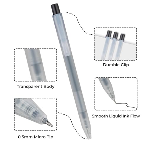 NUOVI Insight Retractable Rollerball Pens | 0.5mm Micro Tip with Glass Body Design | Quick-Drying, Smudge-Free Ink for Smooth Ink flow | Ideal for Office, School & Journaling (Black Ink, Pack of 6) - Image 3