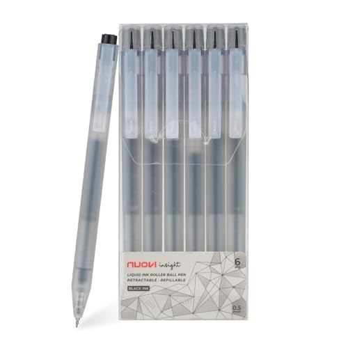 NUOVI Insight Retractable Rollerball Pens | 0.5mm Micro Tip with Glass Body Design | Quick-Drying, Smudge-Free Ink for Smooth Ink flow | Ideal for Office, School & Journaling (Black Ink, Pack of 6) - Image 1