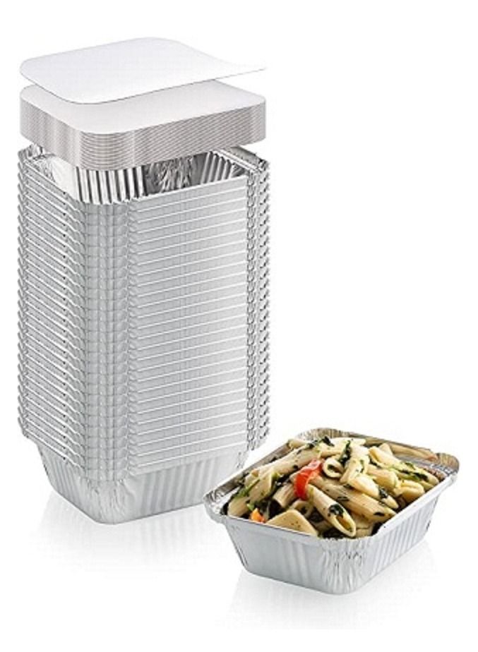 50-Pack Heavy Duty Disposable Aluminum Oblong Foil Pans with Lid Covers - Image 1