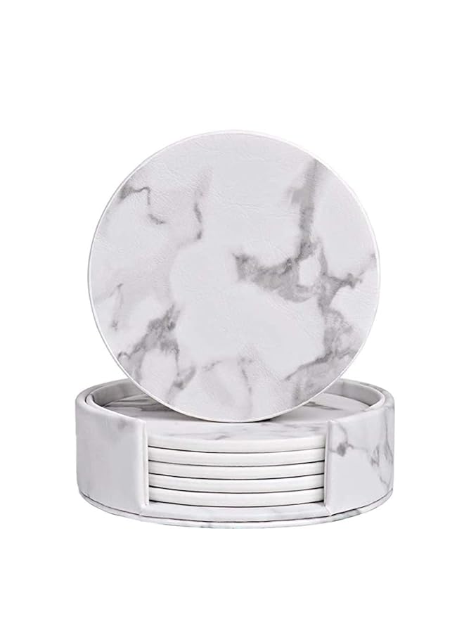 إيروريكس 6 قطع من قواعد الأكواب المصنوعة من الجلد الصناعي مع حامل، قواعد أكواب مقاومة للحرارة باللون الأبيض الرخامي - Image 1