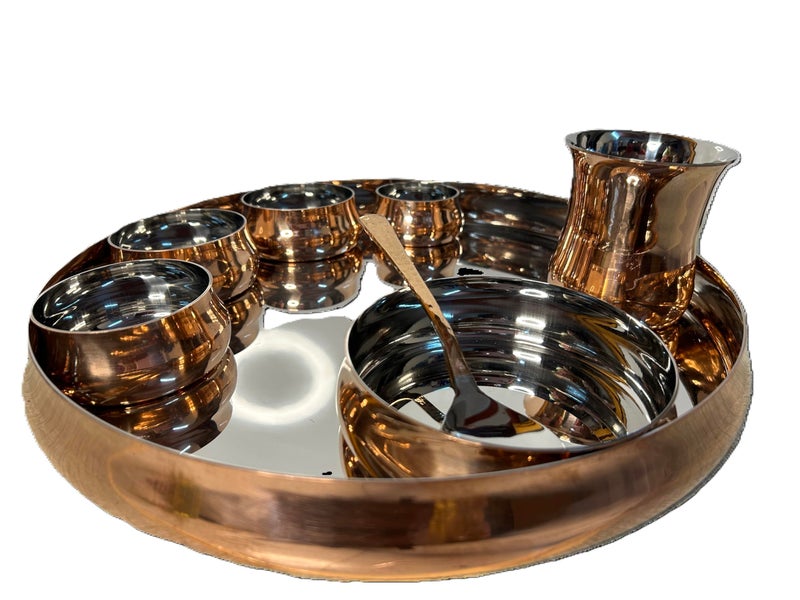 PITAL AART PITAL Art Curved Design Pure Copper Steel Thali Dinner Set Copper Dinnerware for Home & Restaurant (Pack of 8 Pieces) - Image 1