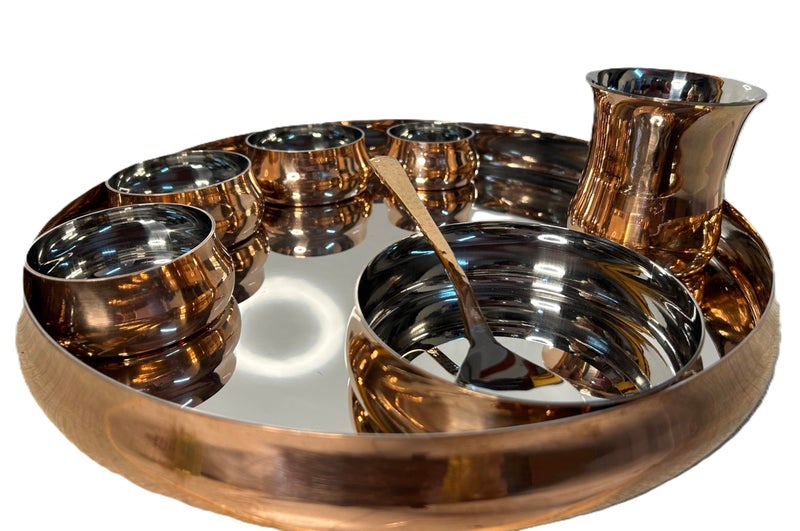 PITAL AART PITAL Art Curved Design Pure Copper Steel Thali Dinner Set Copper Dinnerware for Home & Restaurant (Pack of 8 Pieces) - Image 5