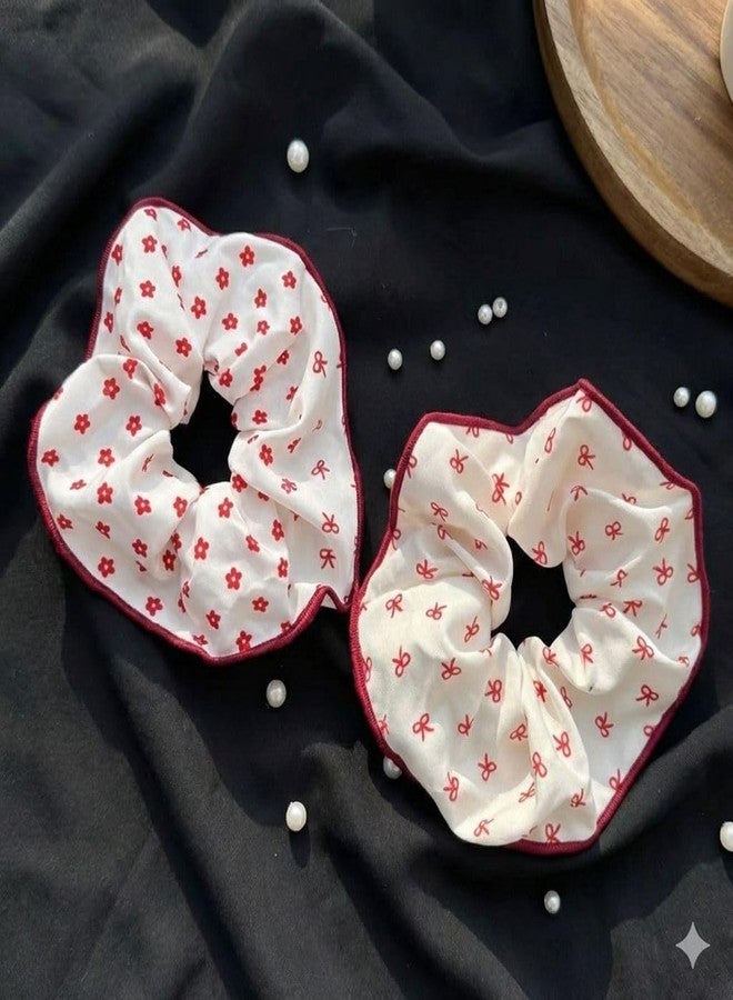 Radhya Accessories Valentine Bow Hair Ties for Girls Women Soft Elastic Cotton Scrunchies XL Fluffy Heart Rubber Bands Korean Hair Accessories for Ponytail Bun | Pack of 2 - Image 3