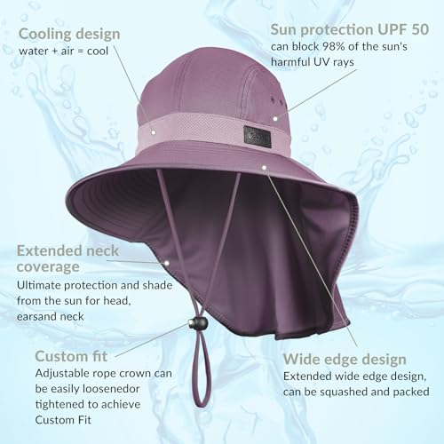 Sukeen Cooling Sun Hat for Men Women UPF50 Wide Brim Fishing Hat with Neck Flap Adjustable Foldable Bucket Hat for Hiking Purple - Image 3