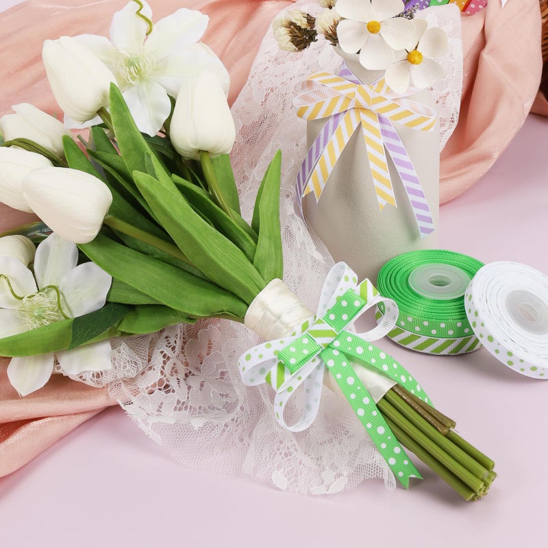 LaRibbons 3/8 Inch 100 Yards Grosgrain Ribbon Set 10 Yd/Roll 10 Rolls Striped and Polka Dot Spring Easter Craft Ribbon for Gift Wrapping Floral Bouquets Wedding Party Decoration - Image 3