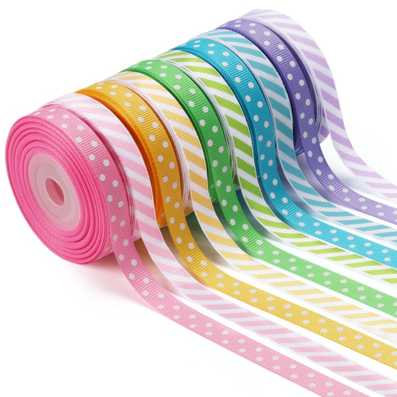 LaRibbons 3/8 Inch 100 Yards Grosgrain Ribbon Set 10 Yd/Roll 10 Rolls Striped and Polka Dot Spring Easter Craft Ribbon for Gift Wrapping Floral Bouquets Wedding Party Decoration - Image 1