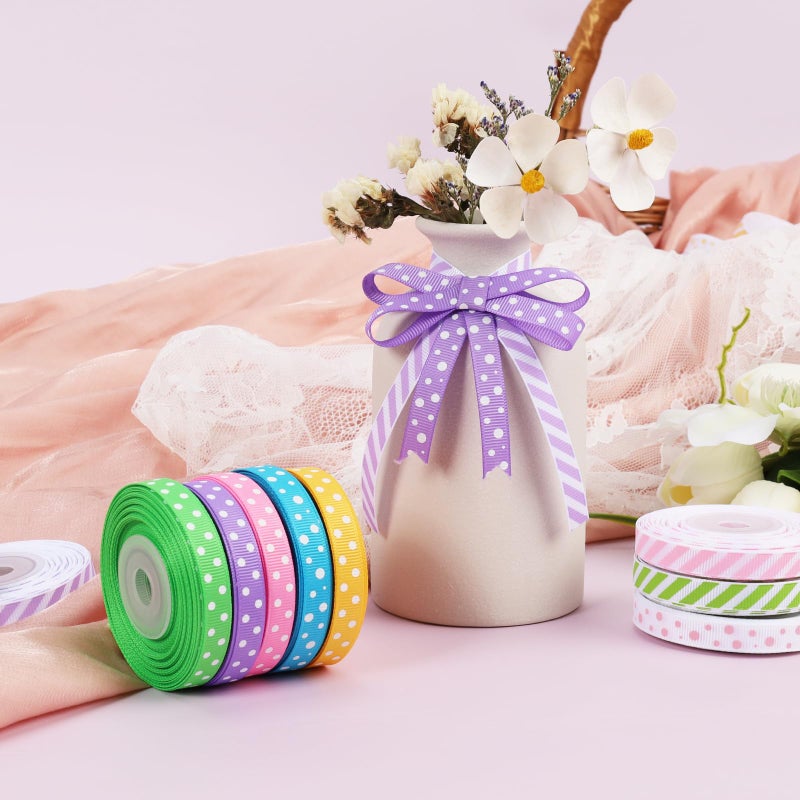 LaRibbons 3/8 Inch 100 Yards Grosgrain Ribbon Set 10 Yd/Roll 10 Rolls Striped and Polka Dot Spring Easter Craft Ribbon for Gift Wrapping Floral Bouquets Wedding Party Decoration - Image 2