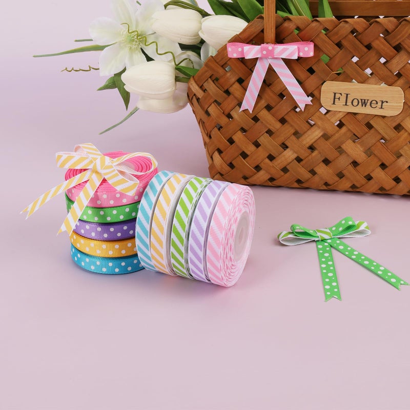 LaRibbons 3/8 Inch 100 Yards Grosgrain Ribbon Set 10 Yd/Roll 10 Rolls Striped and Polka Dot Spring Easter Craft Ribbon for Gift Wrapping Floral Bouquets Wedding Party Decoration - Image 4