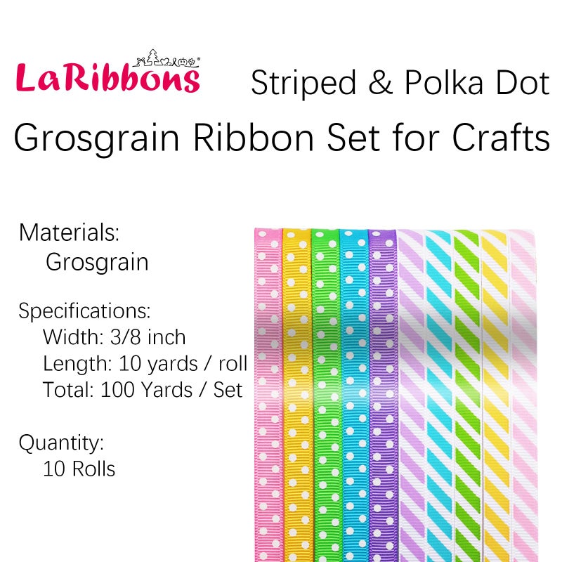 LaRibbons 3/8 Inch 100 Yards Grosgrain Ribbon Set 10 Yd/Roll 10 Rolls Striped and Polka Dot Spring Easter Craft Ribbon for Gift Wrapping Floral Bouquets Wedding Party Decoration - Image 5