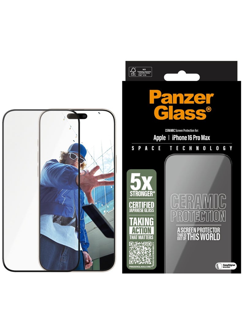 PanzerGlass حماية شاشة بانزر جلاس® السيراميكية لجهاز آبل آيفون 16 برو ماكس، EasyAligner، زجاج سيراميكي ياباني بقوة 5X، مقاومة عالية للخدوش، مقاومة للصدمات - Image 1